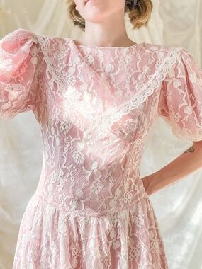 Vintage 80s Gunne Sax Pink Lace Garden Party Midi Dress